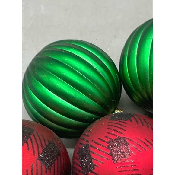 set of 6 Christmas ornament bulbs green red plaid shine graphic assorted READ - Picture 2 of 4